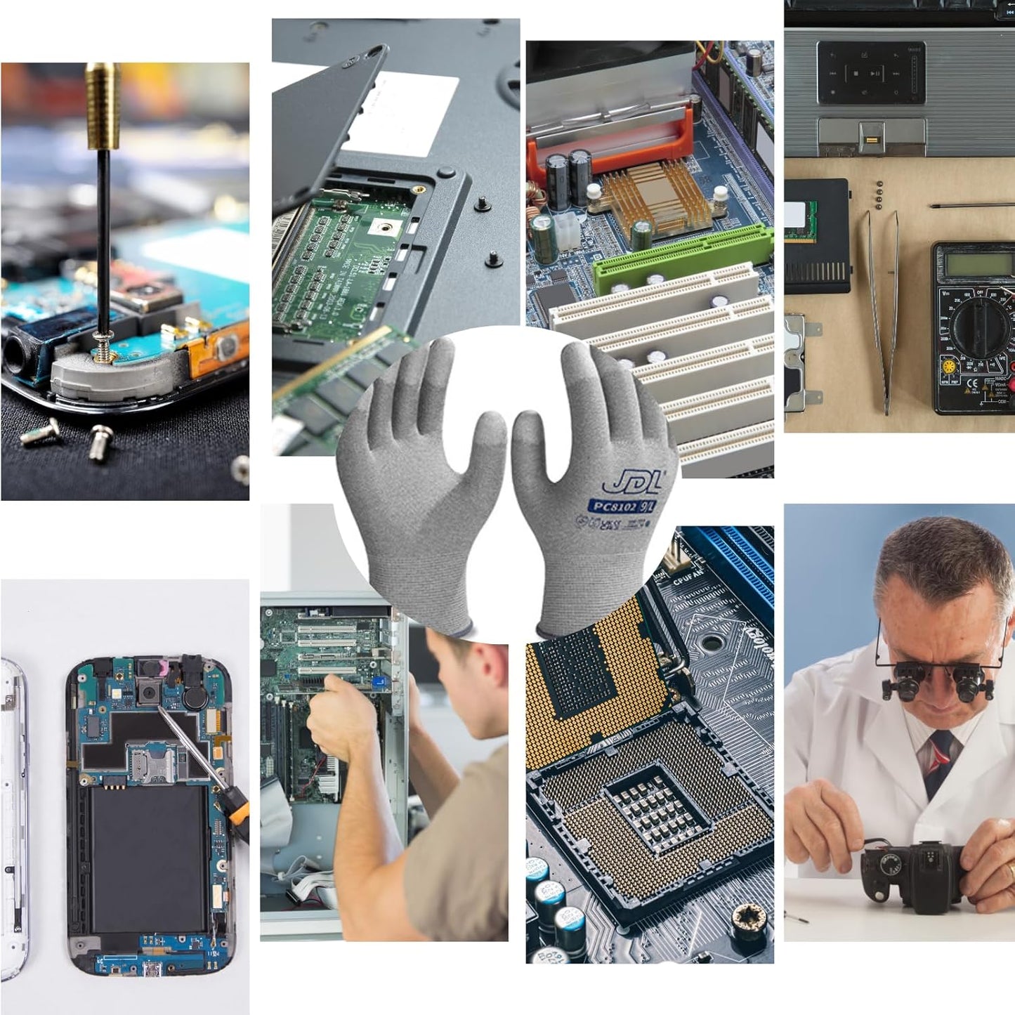 JDL ESD Work Gloves, Anti-Static Gloves for PC Building, 6 pairs, Computer Installation & Repair, High Resistance Carbon Fiber Gloves, Large