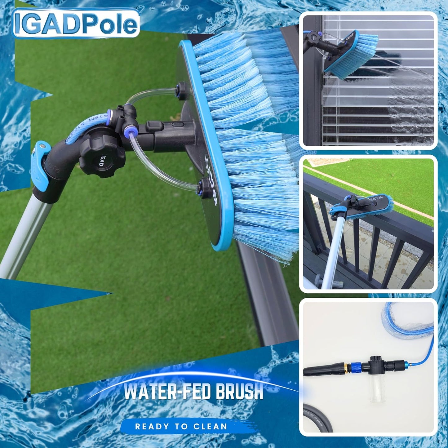 23ft IGADPole Washing Kit: Water-fed Brush, Cobweb Duster and 10” Squeegee and Soap Dispenser, with 4-Stage Telescoping Pole 5-17ft Pole