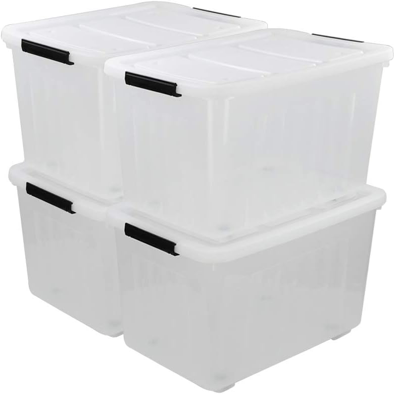 70 L Clear Plastic Large Storage Box with Wheels, Set of 4 LargeLatch Plastic Box for Storage