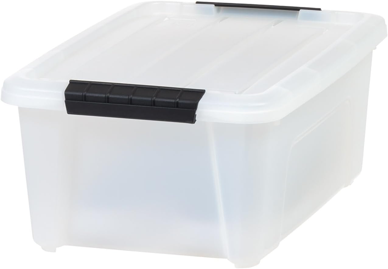 IRIS USA 13.5 Qt Stackable Plastic Storage Bins with Lids, 8 Pack - BPA-Free, Made in USA - Discreet Organizing Solution, Latches, Durable Nestable Containers, Secure Pull Handle - Pearl