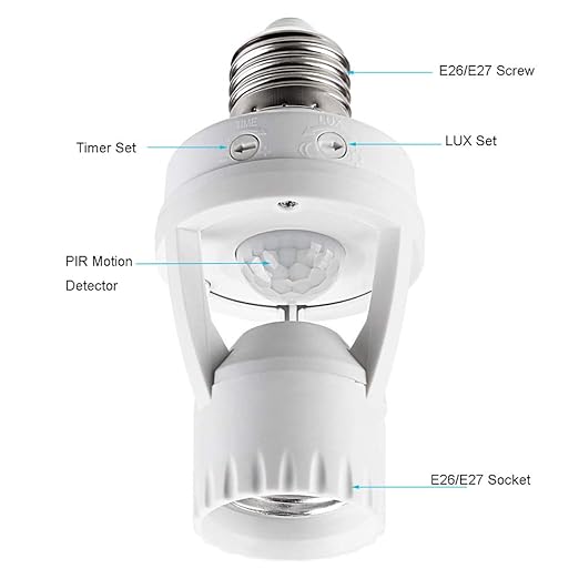 Motion Sensor Light Socket, PIR Motion E26 Screw Bulb Adapter, Adjustable Auto - Image 2