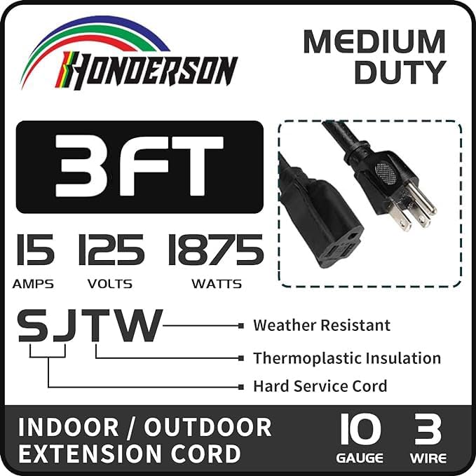 Extension Cord Weatherproof, UL Certified, 10 Gauge 3FT Black 3 Prong Heavy Duty - Image 2