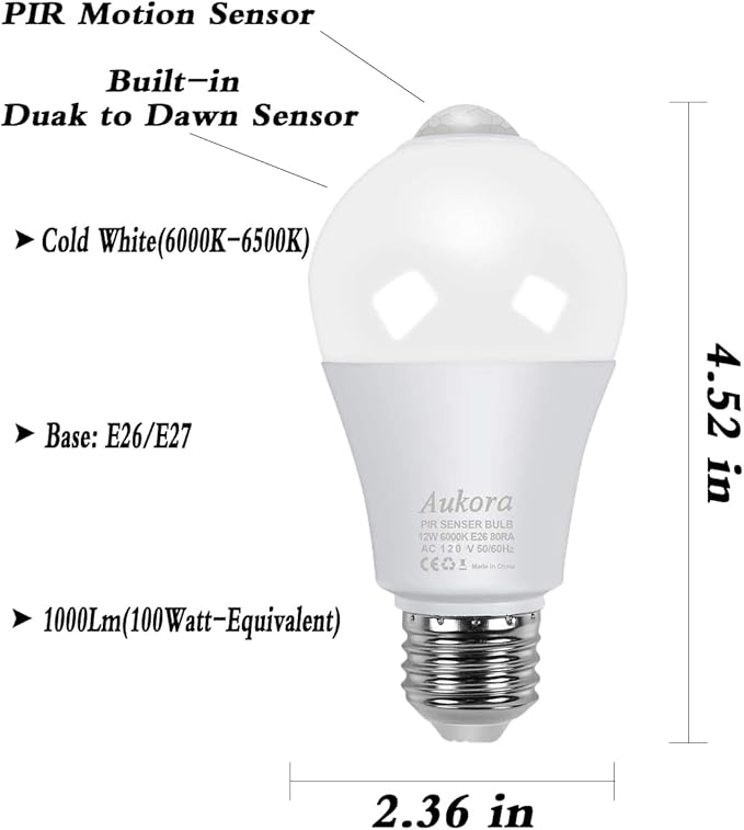 Aukora Motion Sensor Light Bulbs, 12W E26 Motion Activated Dusk to Dawn - Image 2