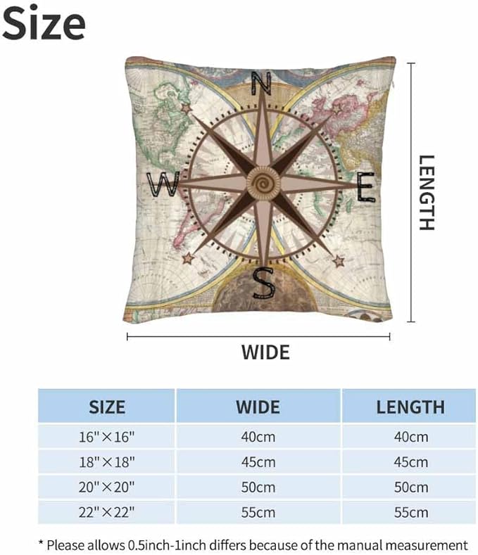 Nautical Compass Throw Pillow Covers 18x18 Historical World Map Earth - Image 6
