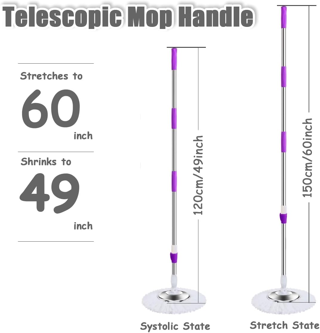 Extended Spin Mop Replacement Mop Handle, Upgraded 60-inch 360 Degrees Rotating Telescopic Replacement Mop Stick for Spin Mop Bucket Cleaning System (Stainless Steel Disc, Purple)