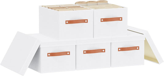 Fabric Storage Bins, 7.1 x 9.1 x 13 Inch Clothes Boxes for Shelves with Lids, Baskets for Organizing with Handles, Decorative Linen Closet Organizers, White, 5 Pack