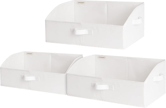 StorageWorks Closet Storage Bins, Trapezoid Organizer Box for Shelves, Fabric Clothes Bin, Foldable Organizing Baskets with Handles, Large, White, 3-Pack