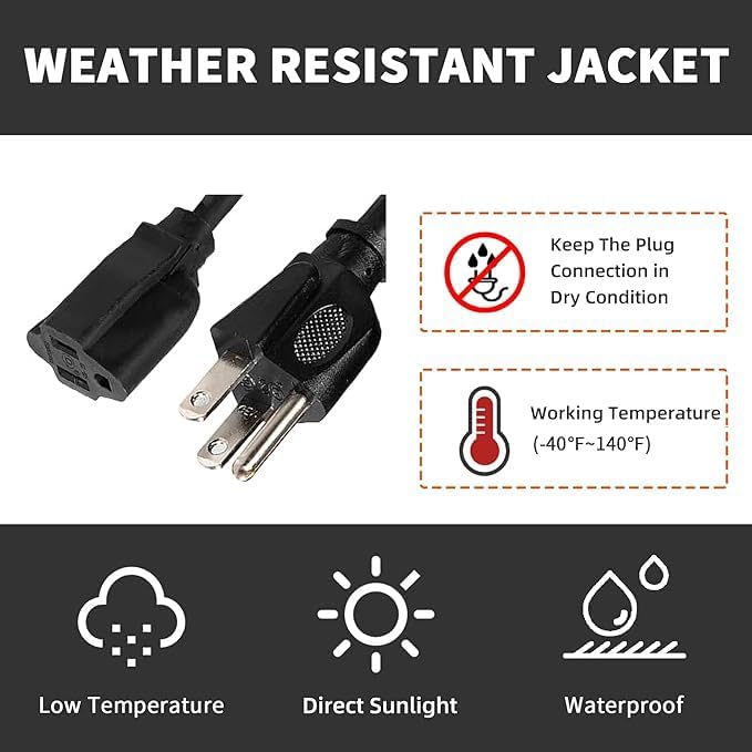 Extension Cord Weatherproof, UL Certified, 12 Gauge 3FT Black 3 Prong Heavy Duty - Image 6