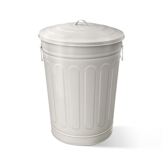 Plexon Round Trash Can 13 Gallon, Vintage Metal Outdoor Trash Can with Lid, Retro Farmhouse Garbage Container, Old School Modern Ash Bucket, Beige