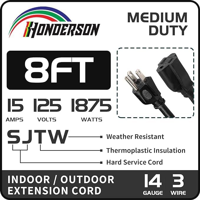 Indoor Outdoor Extension Cord Weatherproof, UL Certified, 14 Gauge 8FT Black 3 - Image 2
