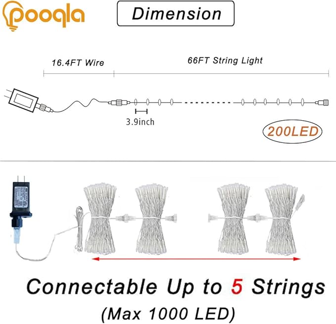 66 ft 200 LED Pink String Lights, Indoor Outdoor Connectable 8 Modes Clear Wire - Image 4