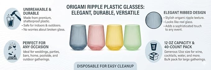 Oojami 40 Pack Origami Ribbed Stemless Plastic Wine Glasses 12 oz - Image 6