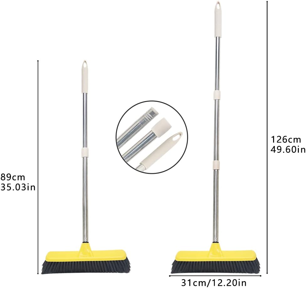 Push Broom with Long Handle, Floor Brush 49.6 inch Soft Bristle Broom 12.2" Wide for Cleaning Bathroom Kitchen Patio Garage Deck Tile Floor