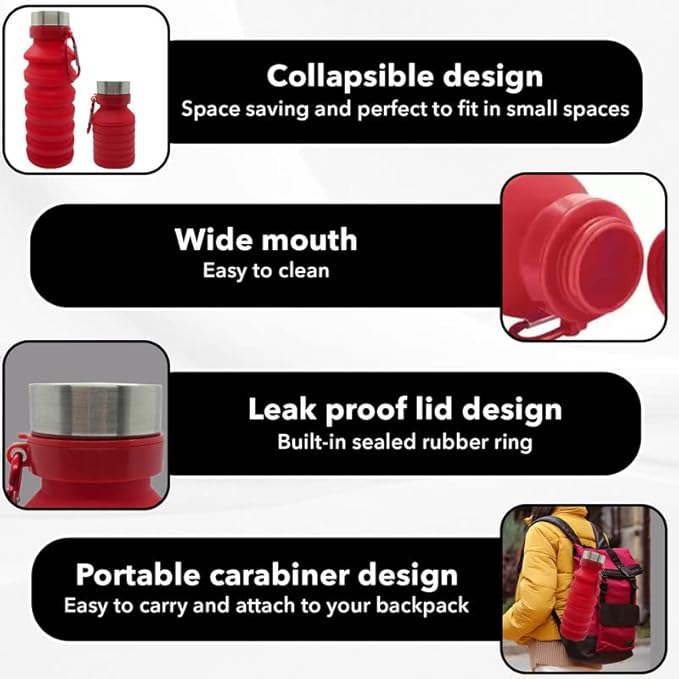 Gadgetime USA Collapsible Water Bottle Reusable, BPA Free, Foldable Portable & - Image 3