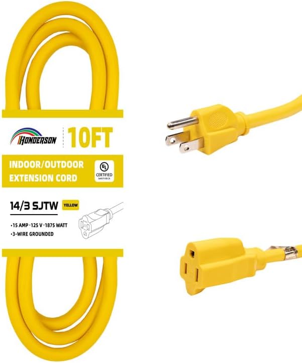 Indoor/Outdoor Extension Cord, 14 Gauge 10FT Yellow 3 Prong Heavy Duty by HONDERSON