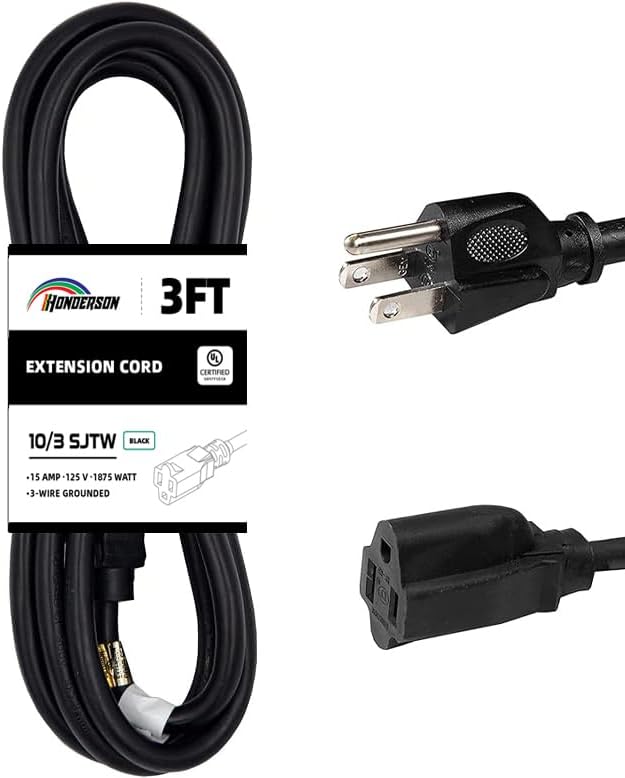 Extension Cord Weatherproof, UL Certified, 10 Gauge 3FT Black 3 Prong Heavy Duty by HONDERSON