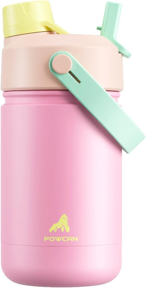 12 oz Kids Steel Water Bottle for School: 2-in-1 Straw Spout Lid, Cold 24H by POWCAN