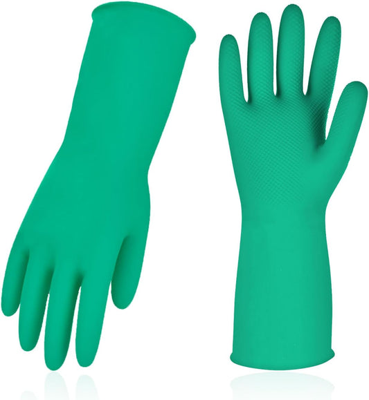 Vgo... 1-Pair Reusable Household Gloves, Rubber Dishwashing gloves, Extra Thickness, Long Sleeves, Kitchen Cleaning, Working, Painting, Gardening, Pet Care (Size L, Green, HH4601)