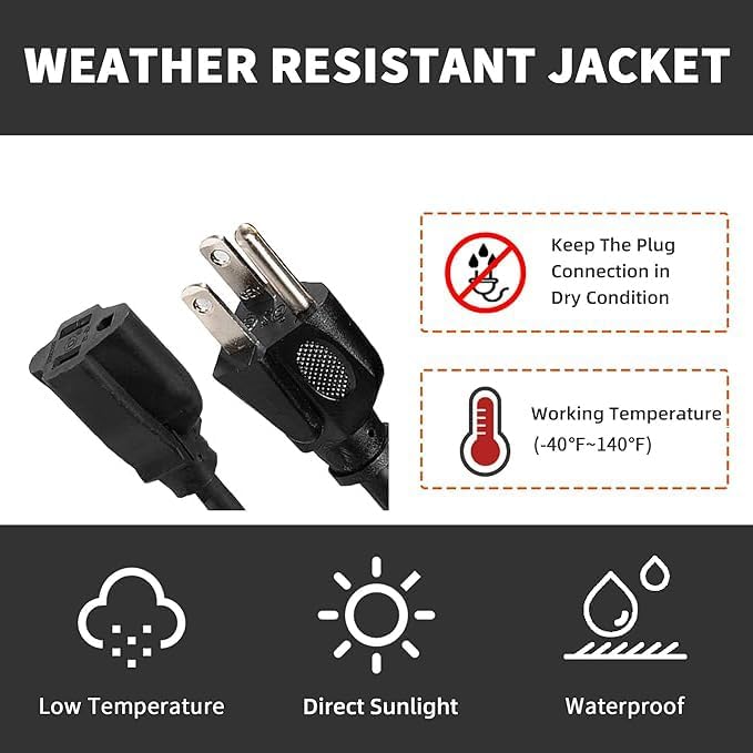 Indoor Outdoor Extension Cord Weatherproof, UL Certified, 14 Gauge 12FT Black 3 - Image 6