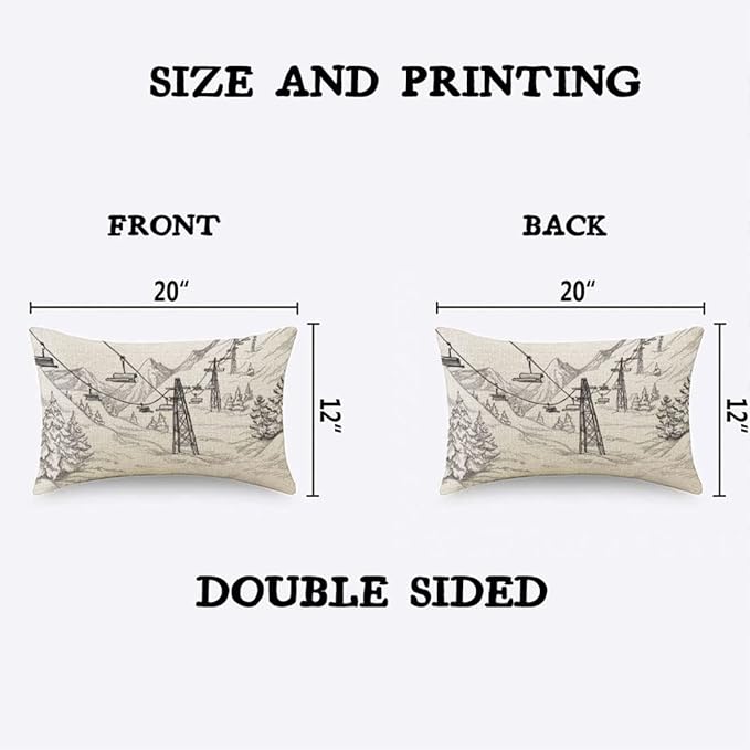 TKS MITLAN Mountain Ski Lift Pillow Cover 12x20 inch Sketch White Wintertime - Image 2
