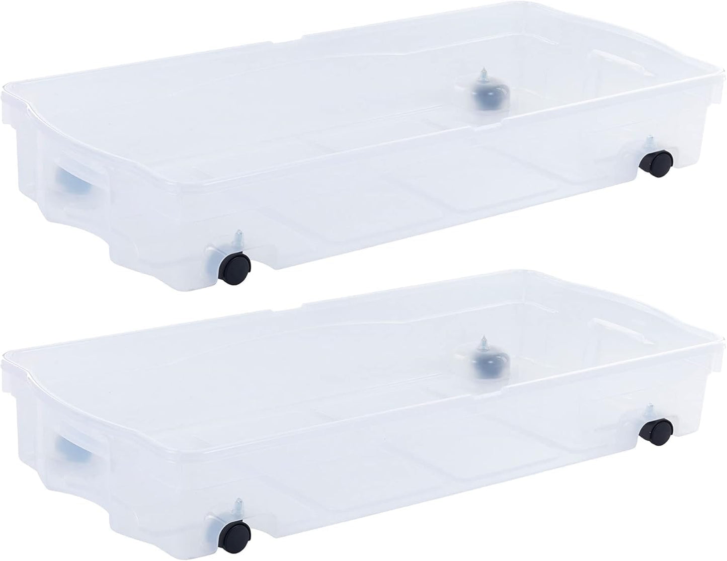 Rubbermaid 70 Quart Under the Bed Low Profile Storage Boxes with Dual Hinged Lids and Easy Rolling Caster Wheels, Clear, 2 Pack