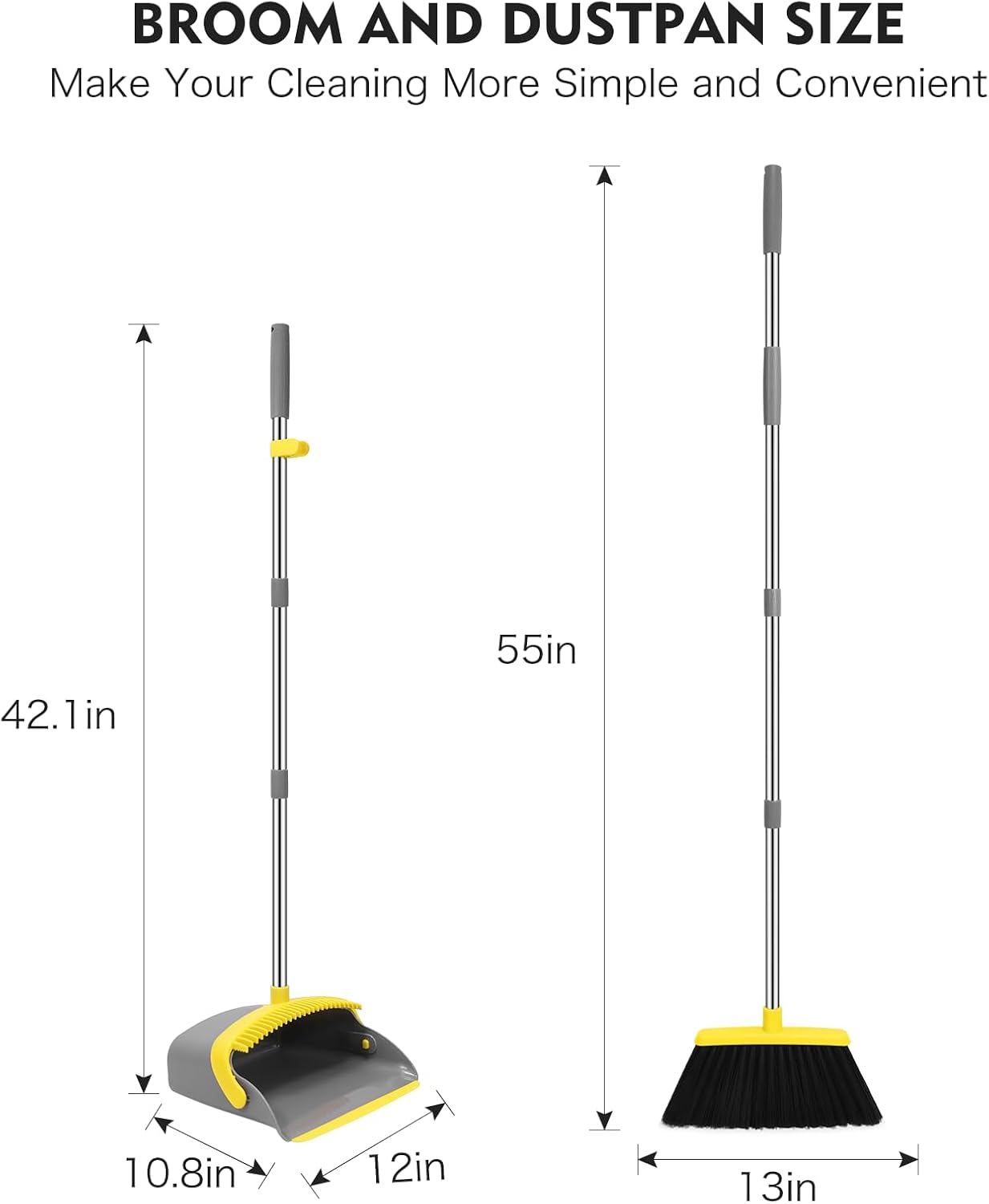 NACENA Broom and Dustpan Set, 55-in Long Adjustable Handle Broom Dustpan Combo with Dustpan Teeth to Automatically Clean Hair Suitable for Home Kitchen Office Hall Floor, Large(Grey&Yellow)