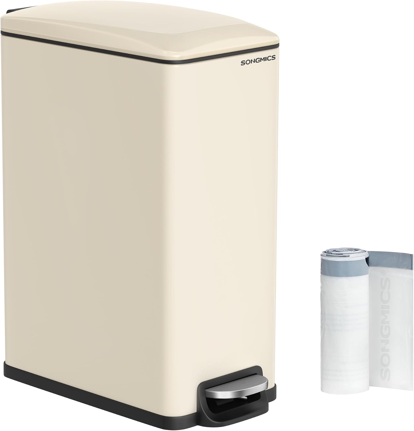 SONGMICS Slim Trash Can, 13-Gallon (50 L) Garbage Can for Narrow Spaces with Soft-Close Lid, Inner Bucket, and Step-on Pedal, Stainless Steel, 15 Trash Bags Included, Sand Beige ULTB510A01