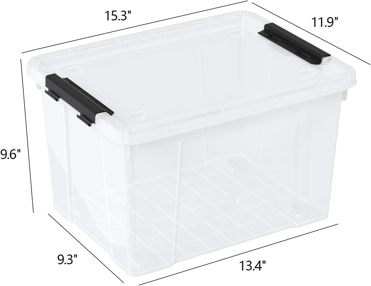 23 L Clear Plastic Storage Box with Lid, Stackable Lidded Storage Bin Container with Wheels and Secure Latching Buckles, 4 Packs