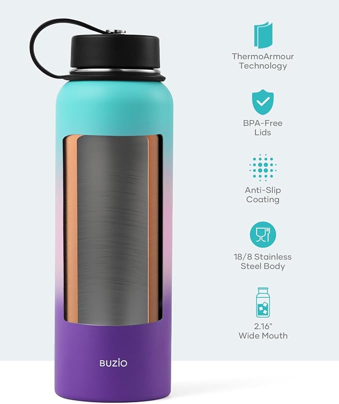 BUZIO 40oz Insulated Water Bottle, Stainless Steel Double Wall Water Flask Leak - Image 4
