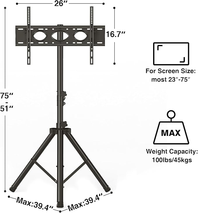 Tripod TV Stand for 23-75 inch Flat Screen/Curved TVs up to 100 lbs, Outdoor TV - Image 9