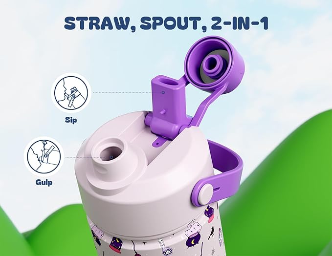 12 oz Kids Insulated Water Bottle: 2-in-1 Straw Spout Lid, Keep Cold 24H - Image 3