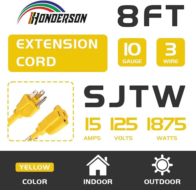 Indoor/Outdoor Extension Cord, 10 Gauge 8FT Yellow, 3 Prong Heavy Duty - Image 2