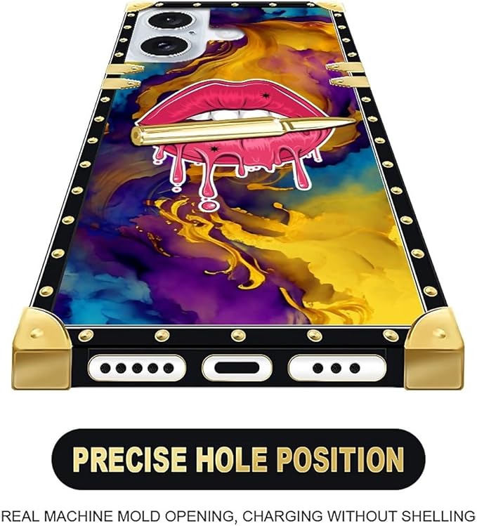 Compatible with iPhone 16 Plus Case, Cool Corlorful Lip Marble Luxury Golden - Image 4