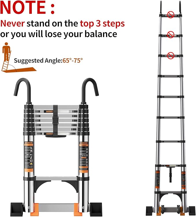 Telescoping Ladder, with Stable Hook and stabilizer barand, 8.5FT Extension - Image 6