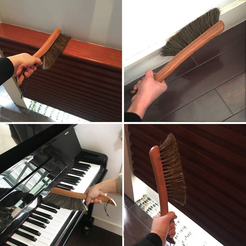 Counter Brush for Drafting, Patio, Bed, Fireplace, Woodworking, Outdoor Furniture Cleaning, Horsehair Shop Bench Brush, Wood Hand Broom Brush, 2 Microfiber Cleaning Cloth Included