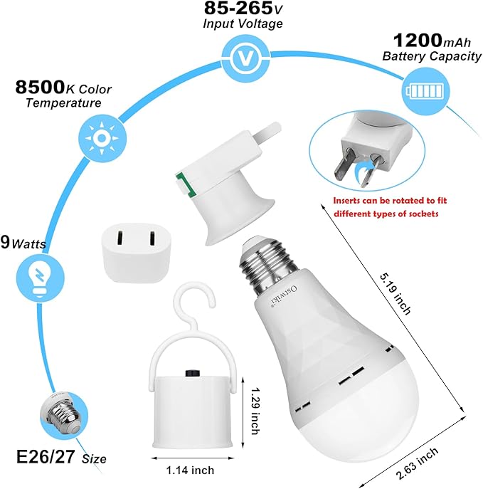 Ostwiki 2 Pack Emergency Rechargeable Light Bulbs, Battery Operated Backup - Image 2