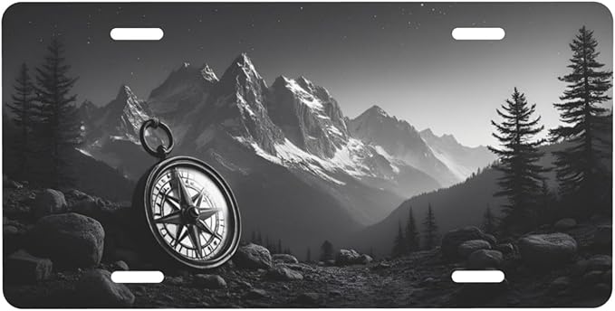 Mountain Compass License Plate Black White Adventure Design by Unknown