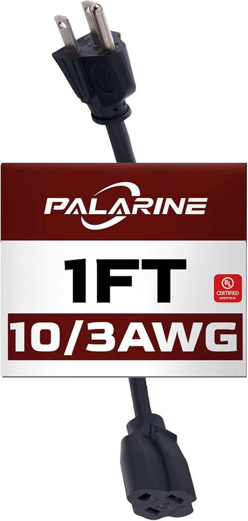 1ft Black Extension Cord Waterproof, UL Listed, 10/3 SJTW Heavy Duty 3 Prong by PALARINE