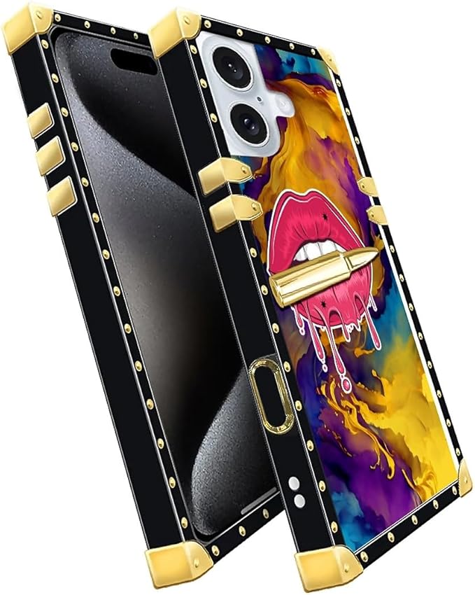 Compatible with iPhone 16 Plus Case, Cool Corlorful Lip Marble Luxury Golden - Image 2