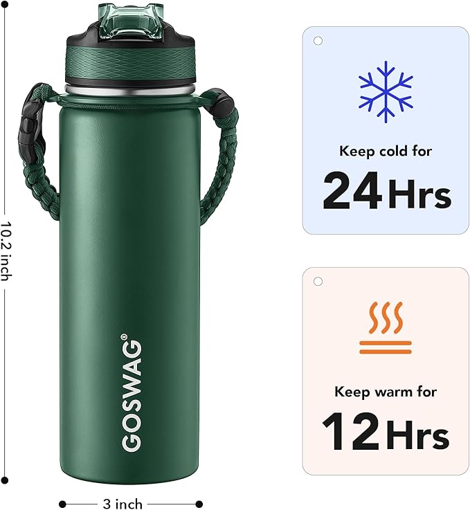 GOSWAG Insulated Sports Water Bottle, 24oz 2 Lids, Stainless Steel Water Bottles - Image 2
