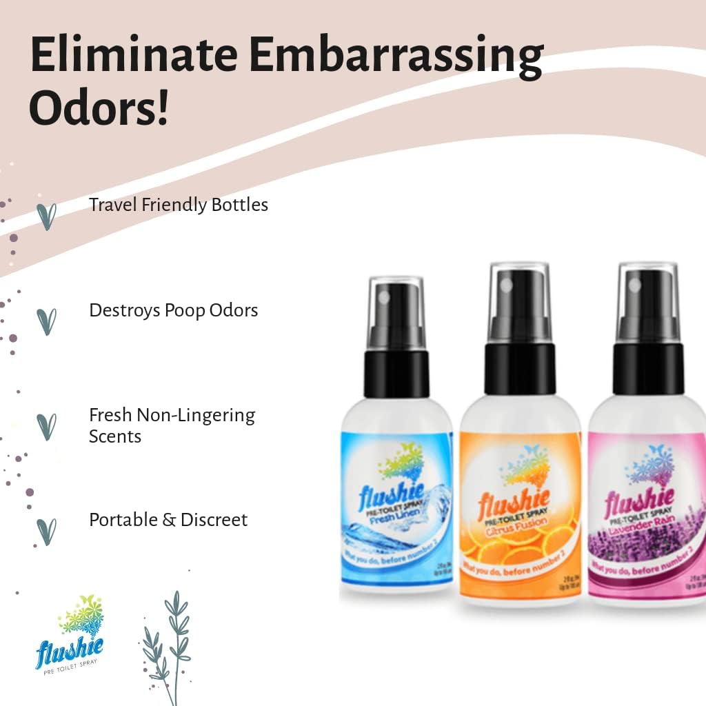Flushie Pre-Toilet Spray Travel Size Toiletries Bathroom Spray for Toilet Deodorizer Traveling Essentials - Poop Odor Eliminator (Linen, 1oz 3pack)