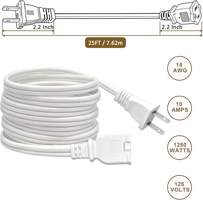 25 FT 2 Prong Extension Cord, 18AWG SPT-2 Indoor Male to Female Power Cord ETL - Image 3
