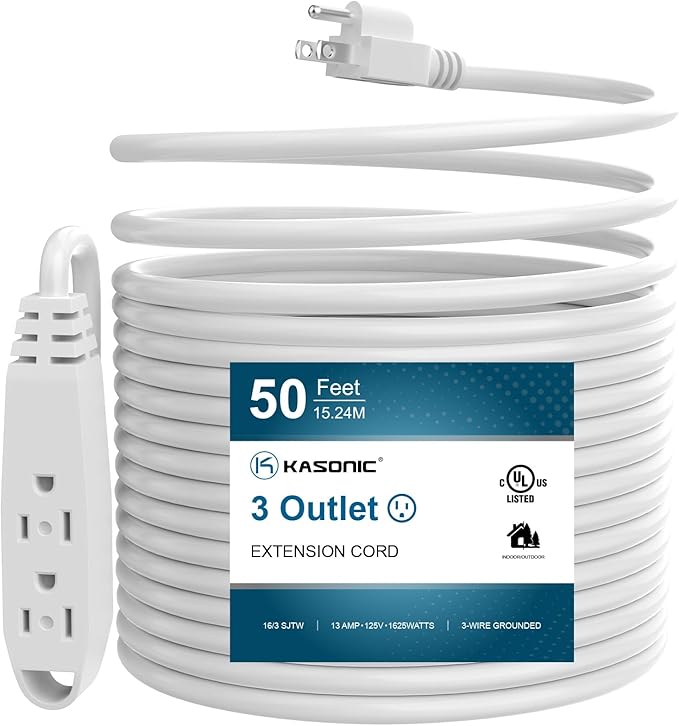 K KASONIC - 50-Feet 3 Outlet Extension Cord, UL Listed, 16/3 SJTW 3-Wire by KASONIC