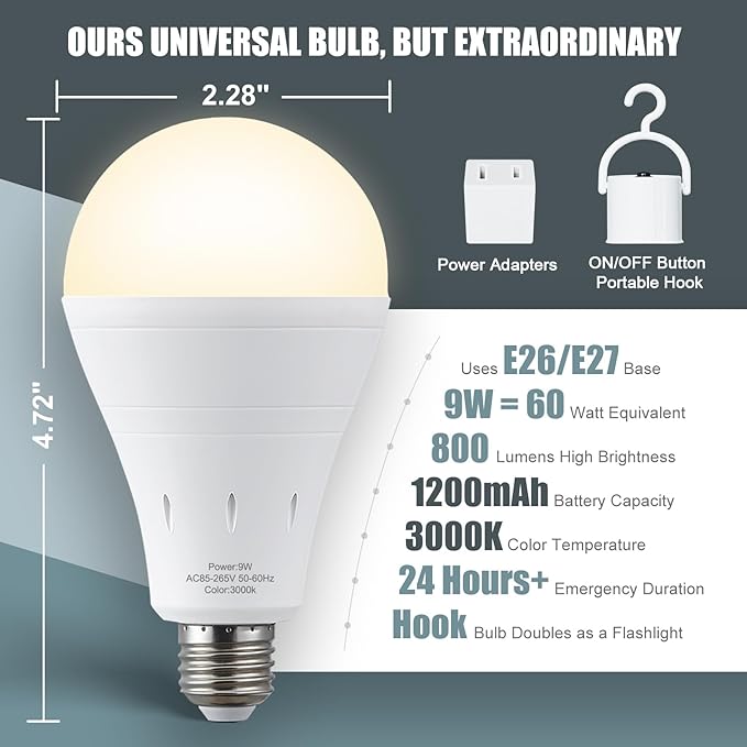 6Pack Rechargeable Emergency Light Bulb, A19 9W Warm White 3000K Self-Charging - Image 9