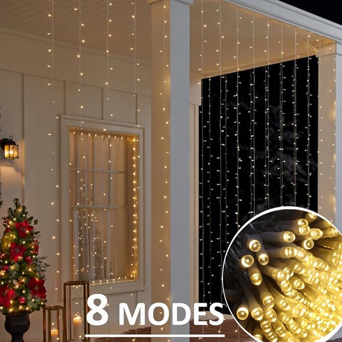 Solhice LED Curtain Lights Outdoor 20ft x10ft, 600 LED Plug in Hanging String - Image 3