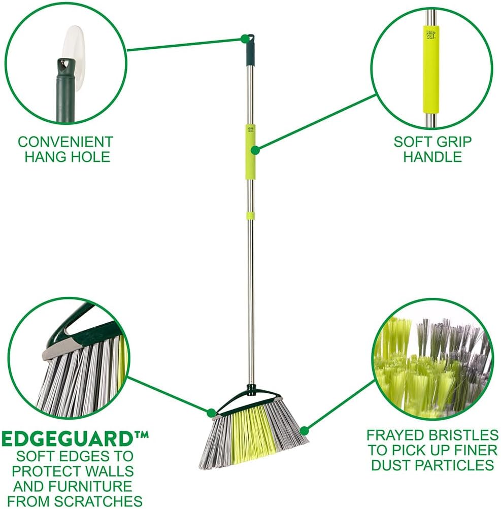 Pine-Sol Indoor Jumbo Broom with Long, Stainless Steel Collapsible Handle for Easy Storage, Heavy Duty Angle Bristles for Wood, Tile, Linoleum, and More - Sweeps Wet or Dry Debris