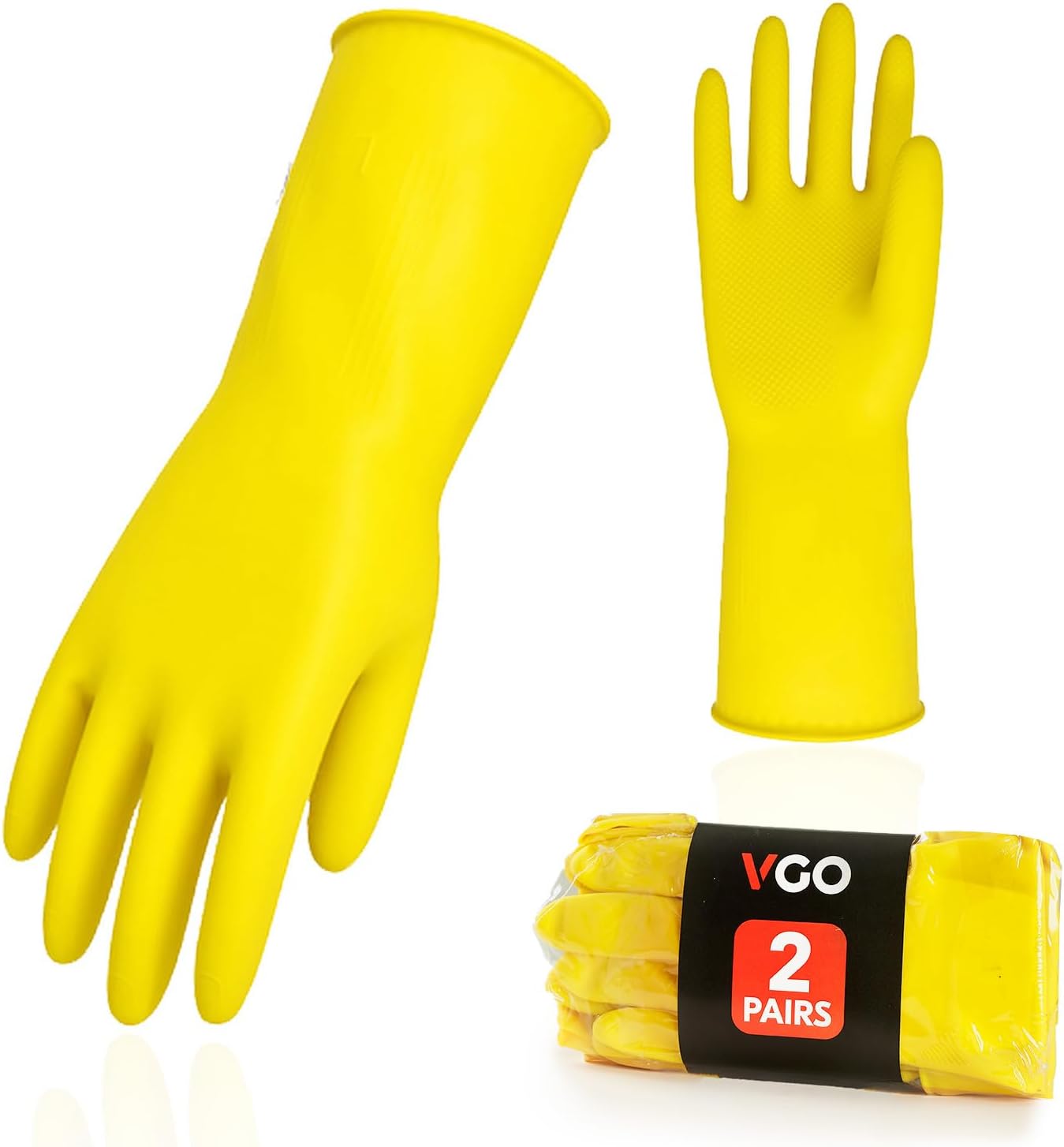 Vgo... 2-Pairs Reusable Household Gloves, Rubber Dishwashing gloves, Extra Thickness, Long Sleeves, Kitchen Cleaning, Working, Painting, Gardening, Pet Care (Size XL, Yellow, HH4601)