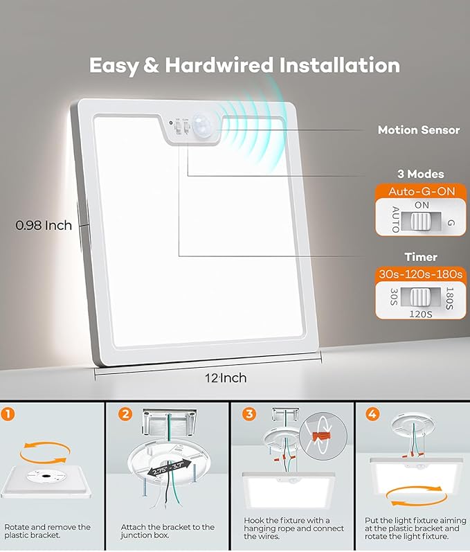 Annaror 12in Motion Sensor Ceiling Light Wired, 3000K 4000K 5000K Selectable - Image 6