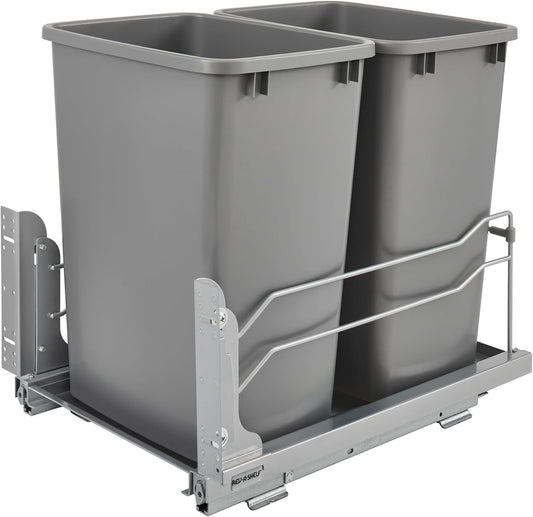 Rev-A-Shelf Double Pullout Trash Cans for Under Kitchen Cabinets 35 Quart 8.75 Gallon with Soft-Close Slides, Metallic Silver, 53WC-1835SCDM-217