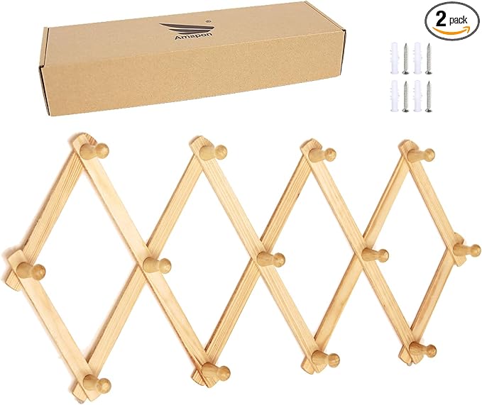 AMAPON Accordion Style Expandable Wall Wooden Coat Rack 13 Hooks Hang Hats by AMAPON